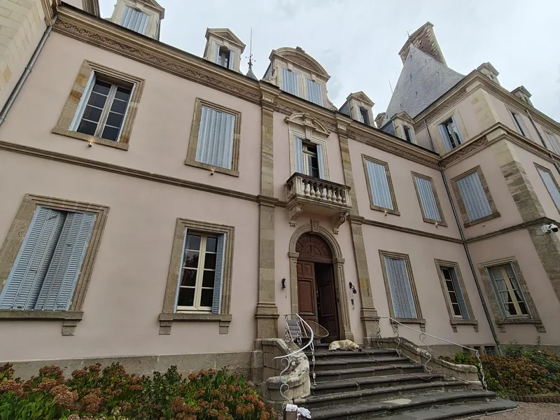 The stone entrance staircase and carved doorcase at close range