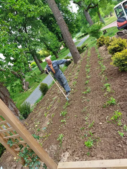 Tending the long planted rows of the vegetable garden