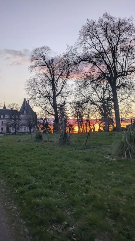 The chateau in silhouette against a burning sunset