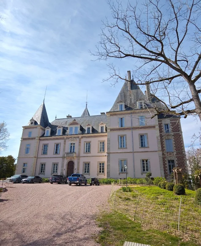 The chateau pale rose front facade under a clear spring sky, seen across the gravel forecourt