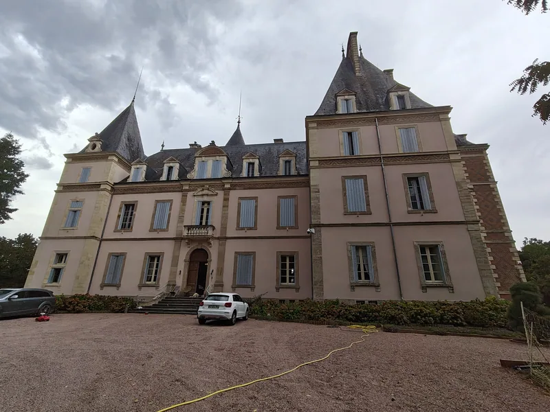 The chateau frontage square on, showing its symmetry