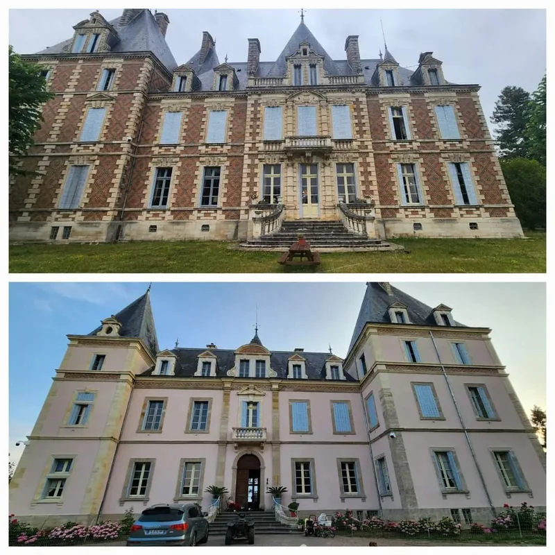 The chateau's brick and rendered elevations side by side
