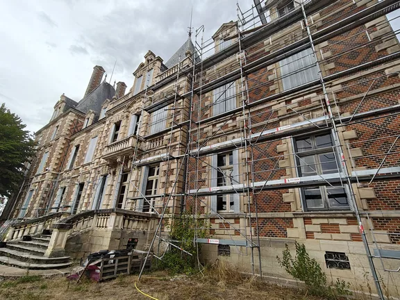 Scaffolding raised across the brick elevation during the 2026 restoration