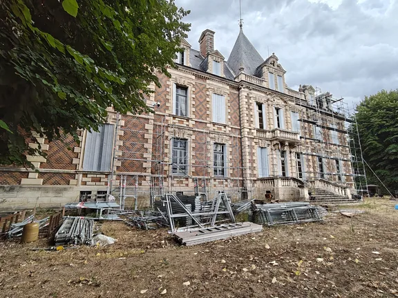Materials and scaffolding across the site during restoration