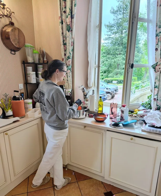 Preparing a meal in the chateau kitchen with the park visible through the window